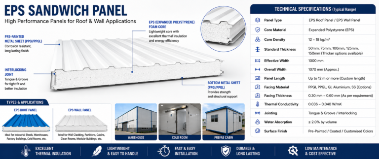 EPS Sandwich Panel with pre-painted PPGI sheets and expanded polystyrene core for roof and wall insulation in warehouses, prefab buildings, cold rooms and industrial sheds by Niko Prefab.