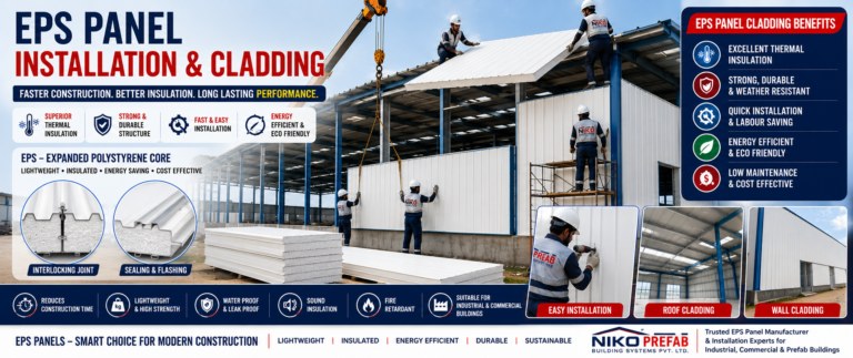 EPS sandwich panel wall cladding and roof installation on an industrial steel building featuring interlocking insulated panels for warehouses, factories, commercial buildings and prefab construction by Niko Prefab.