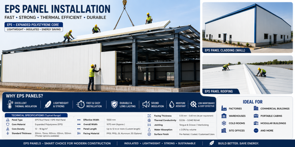 Engineers installing EPS sandwich panels on an industrial steel structure for roof and wall cladding, ensuring fast construction, thermal insulation, energy efficiency and durable building performance by Niko Prefab.